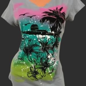 Rocker Girl multicolor gray beach palm trees print top size 2x